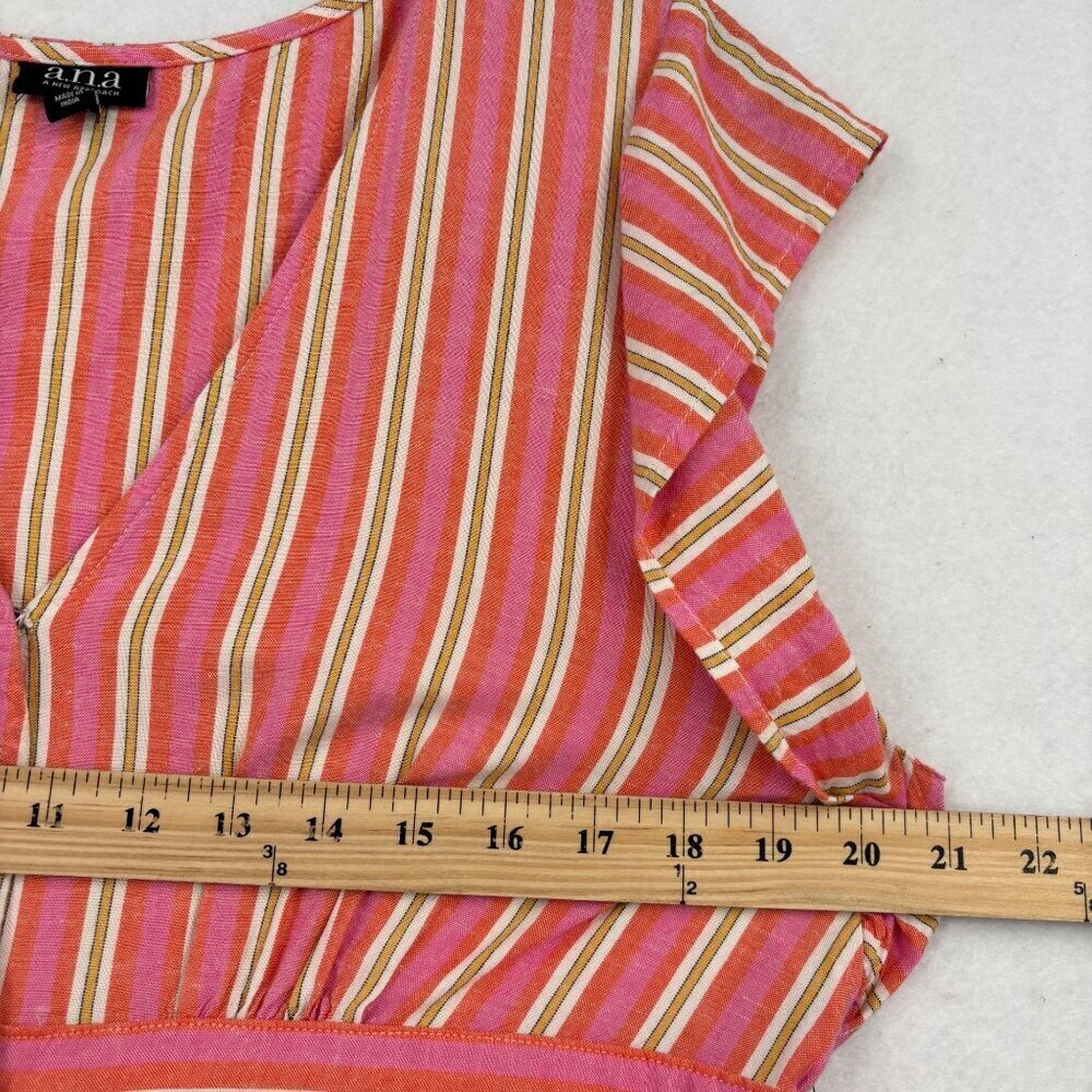 A.N.A Midi Shirt Dress Size L Pink Orange Stripe Linen Blend Button Up Cap Sleev - Picture 10 of 14